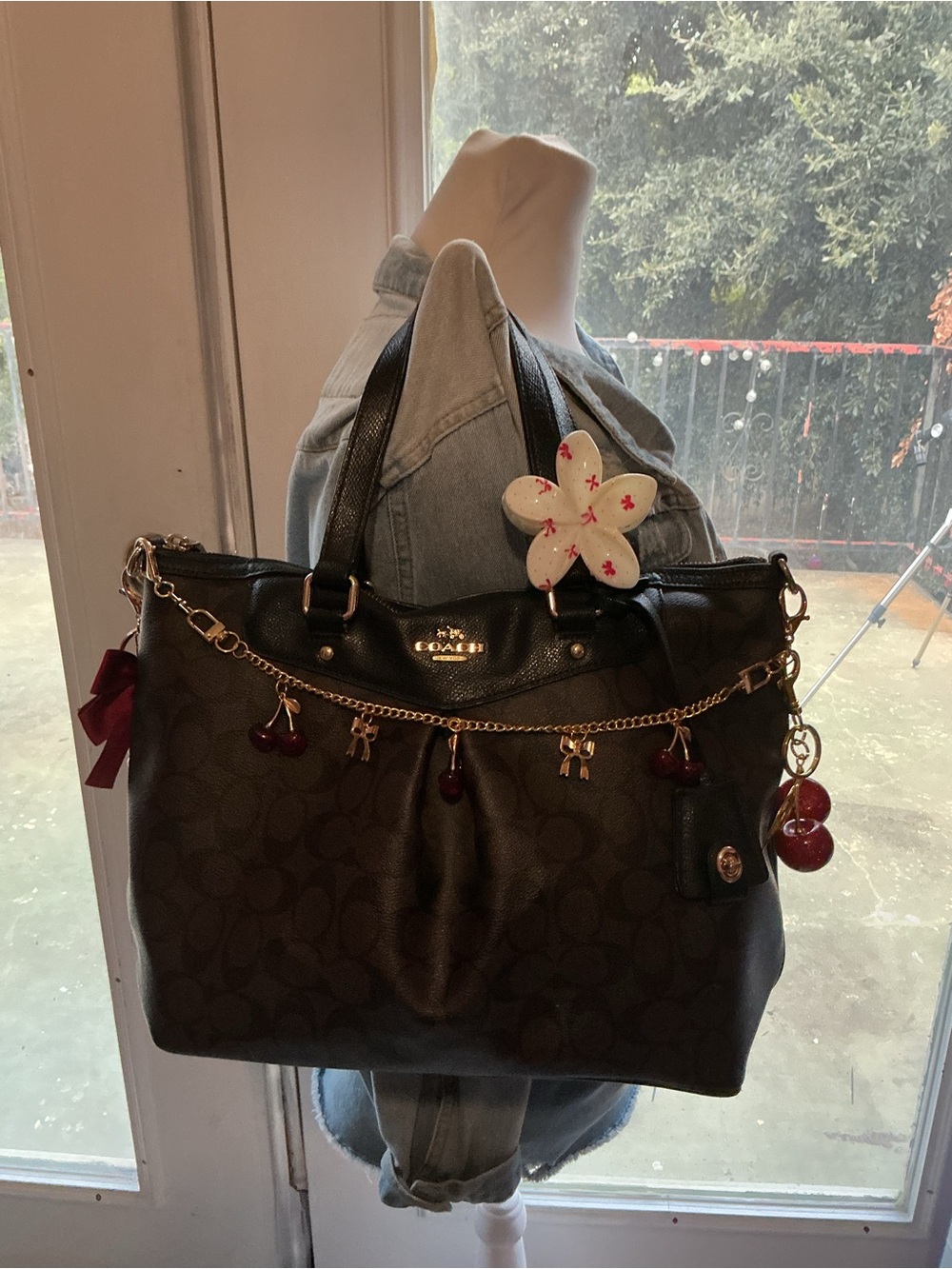 Coach Dark Brown/Black Signature Tote with Cherry Charm Chain